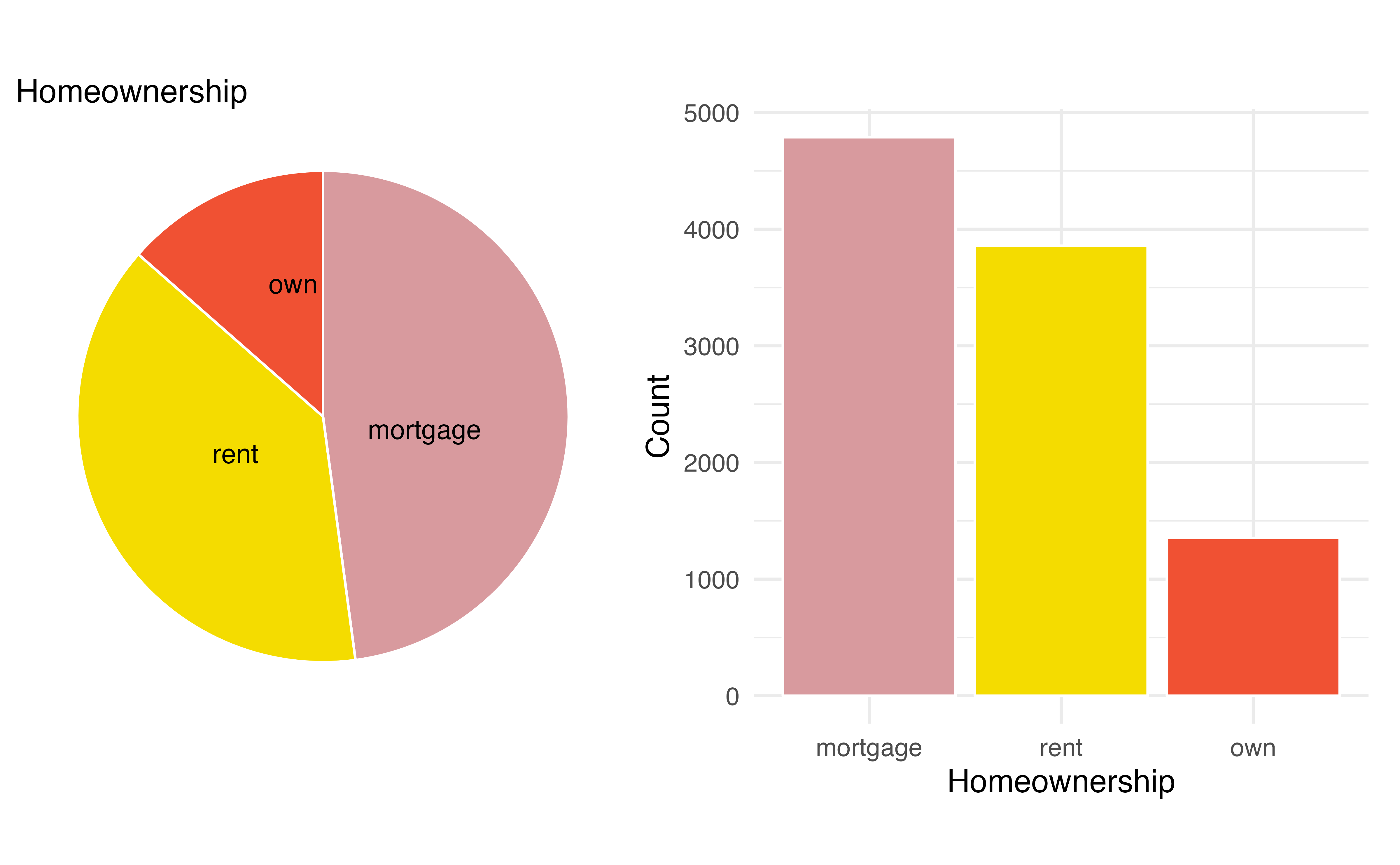 A pie chart and bar plot of homeownership.