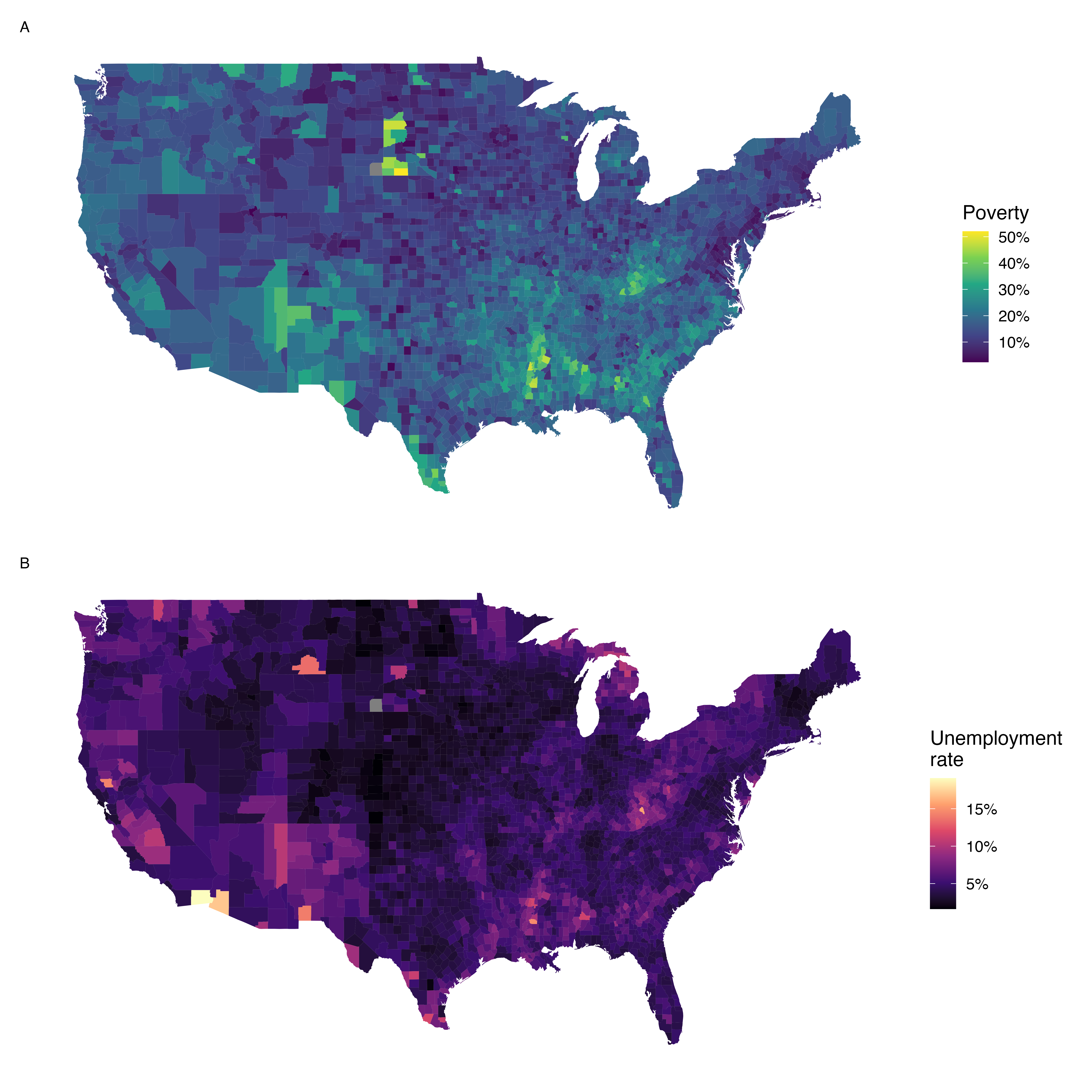 Plot A: Intensity map of poverty rate (percent). Plot B: Intensity map of the unemployment rate (percent).