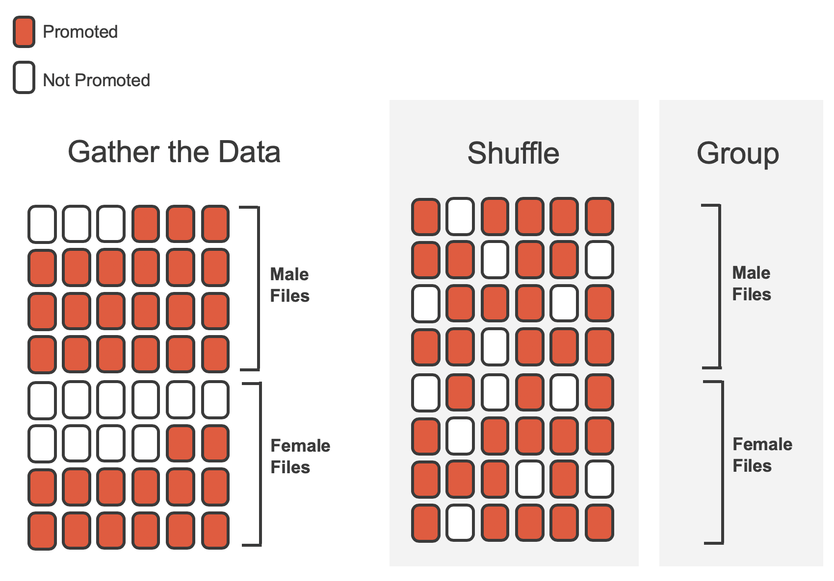 The 48 red and white cards which denote the original data are shuffled and reassigned, 24 to each group indicating 24 male files and 24 female files.